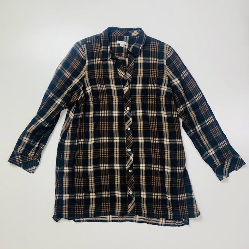 J. Jill Tunic Shirt Dress Brown Black Plaid Button Down Pockets Fall Boots Med P